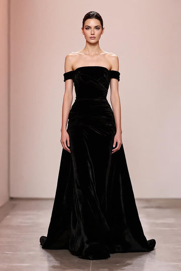 Preto A Line Velvet Off The Shoulder Long Evening Dress